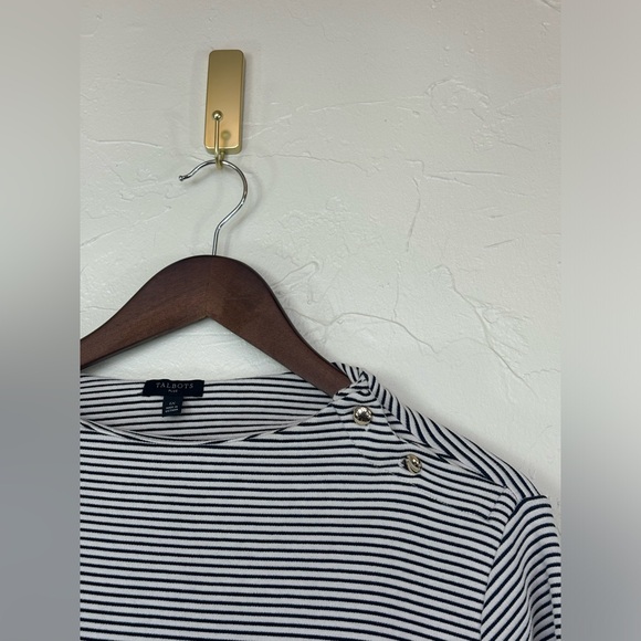 TALBOTS Gold Button Shoulder Pullover 3/4 Sleeve Classic Black White Stripe Prep - Picture 4 of 14